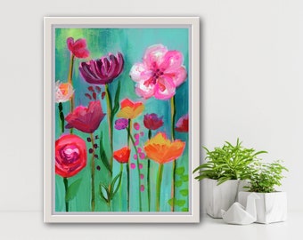 giclee fine art print wall art of original floral abstract acrylic painting named "Floral Abyss" by Ashley Lane blue and pink flowers