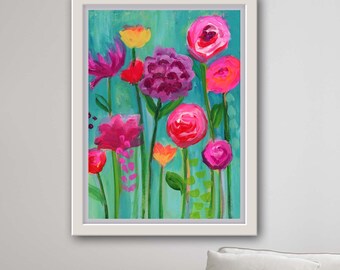 giclee fine art print wall art of original floral abstract acrylic painting named "Floral Abyss 2" by Ashley Lane blue and pink flowers