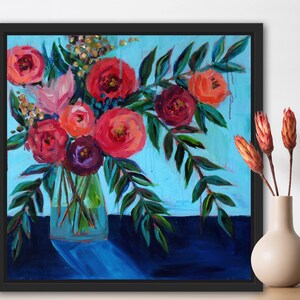 Giclee Fine Art Print of Loose Abstract Floral in brushy impressionistic style painting by Ashley Lane, Coral Blues, w pink, purple flowers