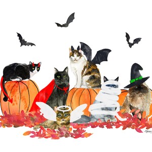 Watercolor painting of Halloween Cats in costumes, Wall Art print holiday fall image 6