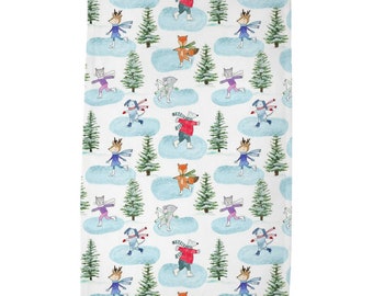 Ice Skating Animals Watercolor Painting Tea Towel by Ashley Lane
