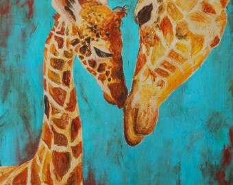 Giclee fine art print of "Young Love" original painting of mom and baby giraffe