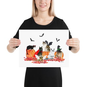 Watercolor painting of Halloween Cats in costumes, Wall Art print holiday fall image 4