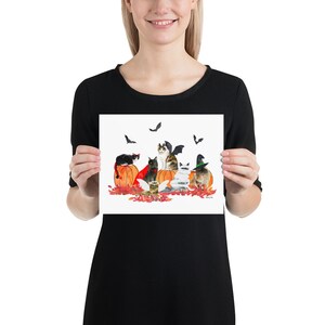 Watercolor painting of Halloween Cats in costumes, Wall Art print holiday fall image 2