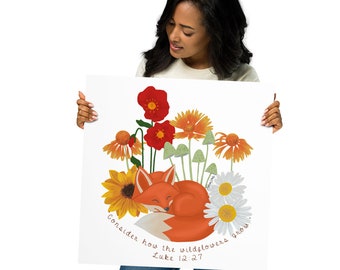 Fox and Wildflower Mushrooms Wall Art with Christian Bible Verse Luke 12:27