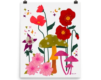 Mushroom and Flowers art print groovy and colorful wall art by Ashley Lane