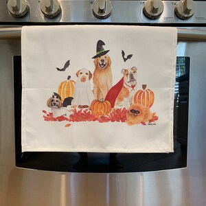 Halloween Dog Tea Towel Watercolor dogs in halloween costumes fall decor and gift image 3