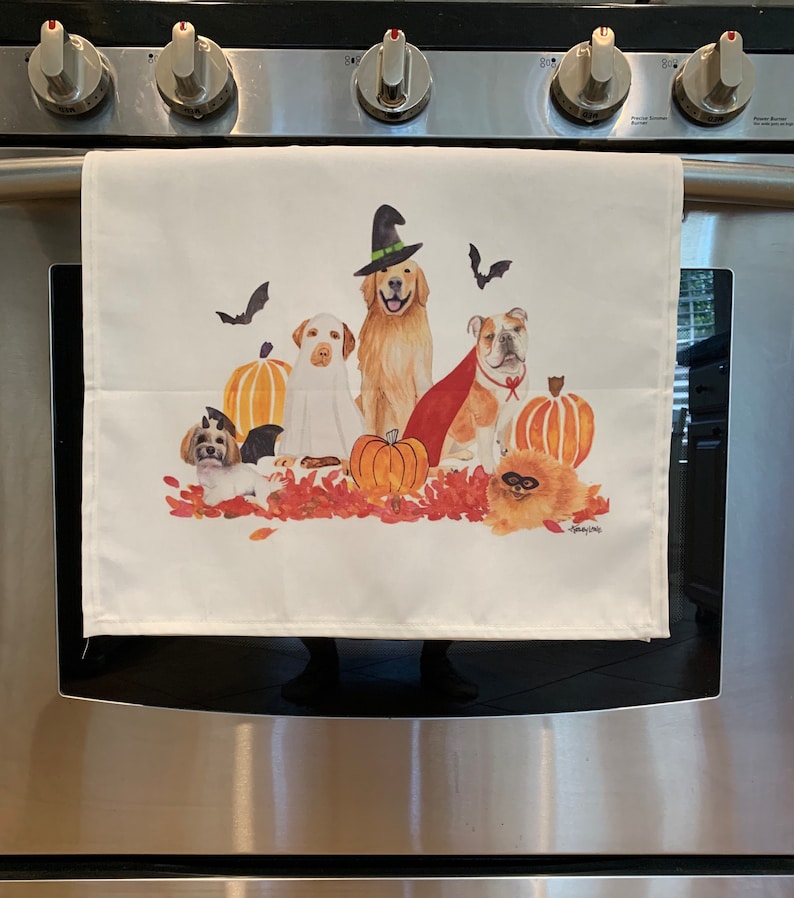 Halloween Dog Tea Towel Watercolor dogs in halloween costumes fall decor and gift image 3