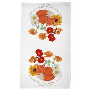 Fuchs und Wildblumen Geschirrtuch Christliche Bibel Vers Illustration &quot;Betrachte wie die Wildblumen wachsen&quot; Lukas 12:27