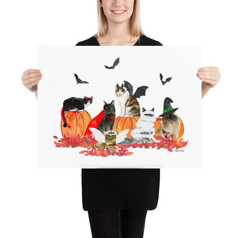 Watercolor painting of Halloween Cats in costumes, Wall Art print holiday fall image 1