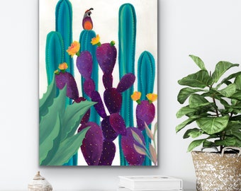 Colorful Quail Cactus Desert Landscape Original Acrylic Painting and Resin Pour on Panel Prickly Pear and Agave "Quail Watch" by Ashley Lane