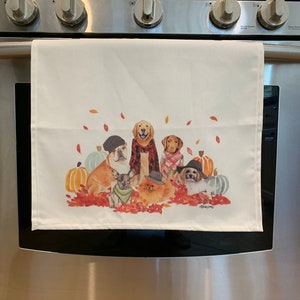 Watercolor Fall Dog Tea Towel, Festive and fun for dog lovers and cute fall autumn home decor and gifts image 2