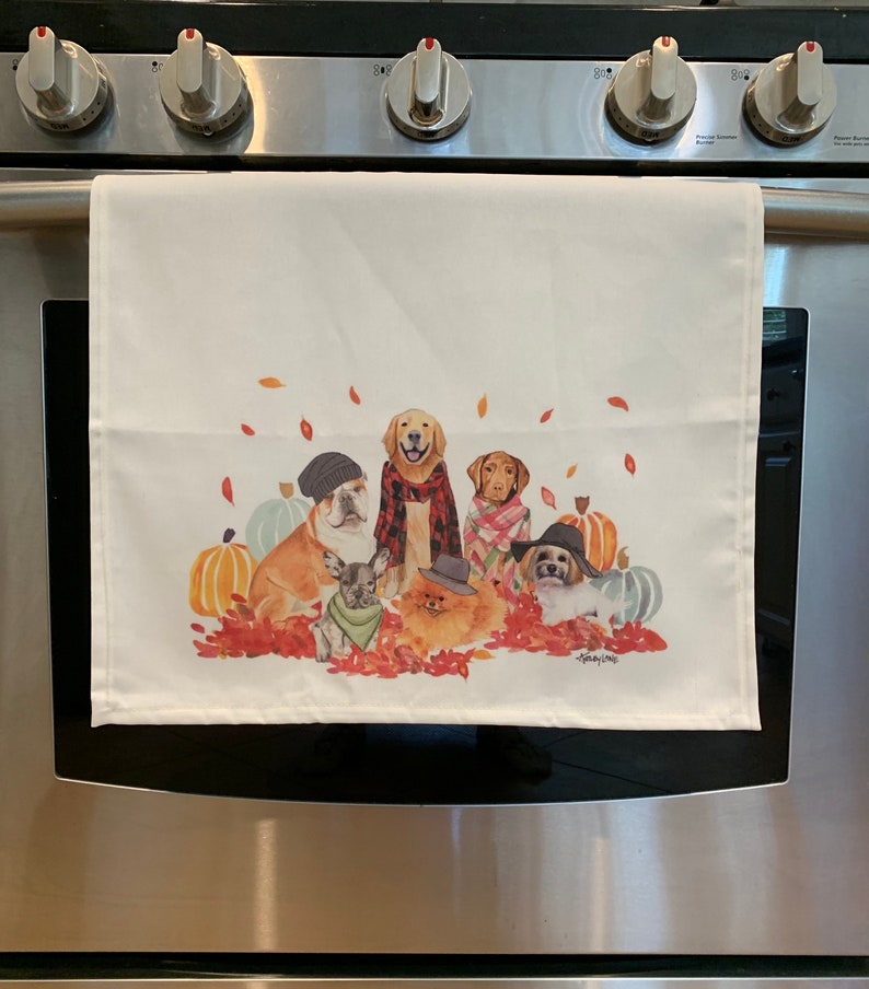 Watercolor Fall Dog Tea Towel, Festive and fun for dog lovers and cute fall autumn home decor and gifts image 2