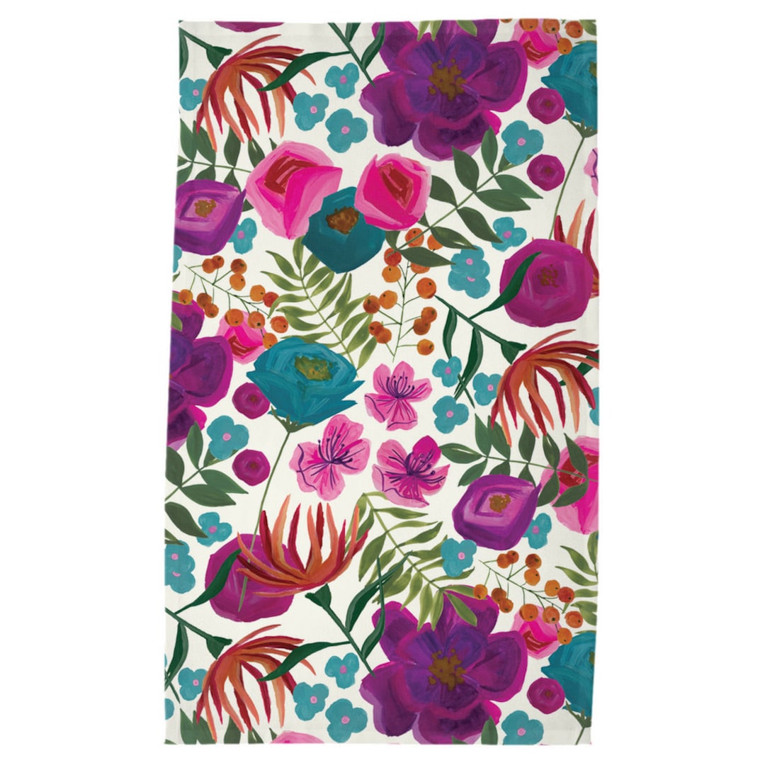 Hand Painted Watercolor Floral Flowers Pattern Tea Towel in Purple Pink ...