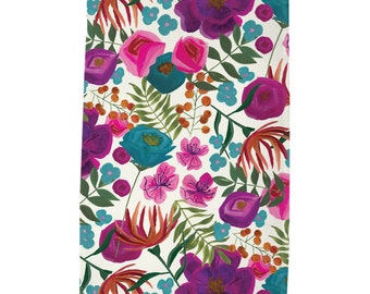 Hand painted watercolor floral flowers pattern tea towel in Purple Pink and Turquoise designed by Ashley Lane