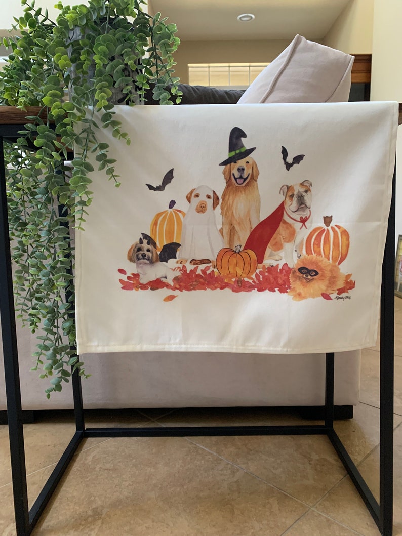 Halloween Dog Tea Towel Watercolor dogs in halloween costumes fall decor and gift image 2