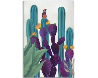 Quail Watch Stretched Canvas Cactus Painting Fine wall art decor desert, prickly pear, arizona art by Ashley Lane