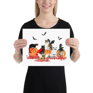 Watercolor painting of Halloween Cats in costumes, Wall Art print holiday fall image 3