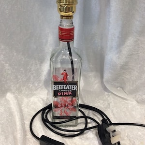 Upcycled Clear Glass  Table Lamp Beefeater London Pink Gin Bottle