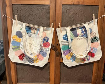 Tote bags with vintage feedsack Dresden plate quilt block