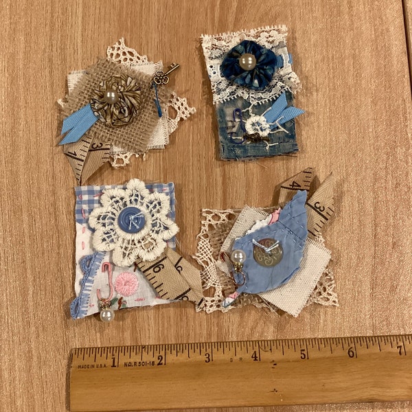 Set of 4 blue and neutral clusters for embellishment, junk journal clusters, lace/doily/fabric clusters, slow stitch embellishment, snippets
