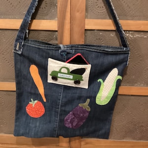 Farmers market bag, upcycled jeans handmade tote bag, reusable shopping bag, repurposed jeans bag