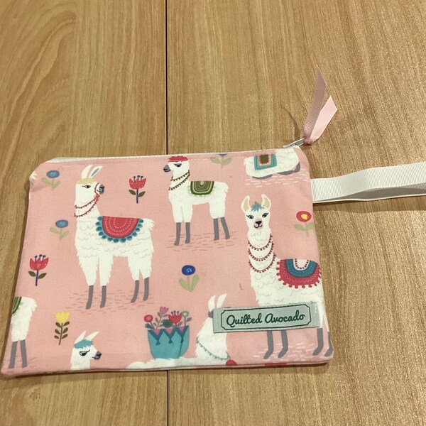 Llama zipper pouch, pink zipper pouch, clutch purse, clutch bag, iPhone case, cosmetic case, zipper pouch, wristlet pouch