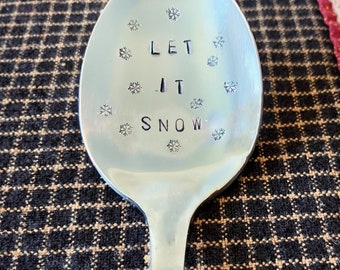 Let it snow, ski gift, Hand stamped spoon, hand-stamped spoon, stocking stuffer, gift under 20, hostess gift, friend gift, FREE gift bag