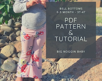 Patrón y tutorial en PDF de pantalones acampanados para bebés de cintura alta / bengalas, polainas, niños pequeños, bebés, bebés, instrucciones