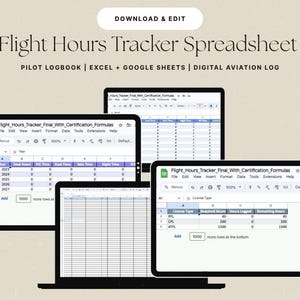 飛行時間トラッカースプレッドシート | パイロットログブック | Excel + Google スプレッドシート | デジタル航空ログ