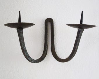 VINTAGE BRUTALIST SCONCE wrought forged iron candle holder midcentury handmade