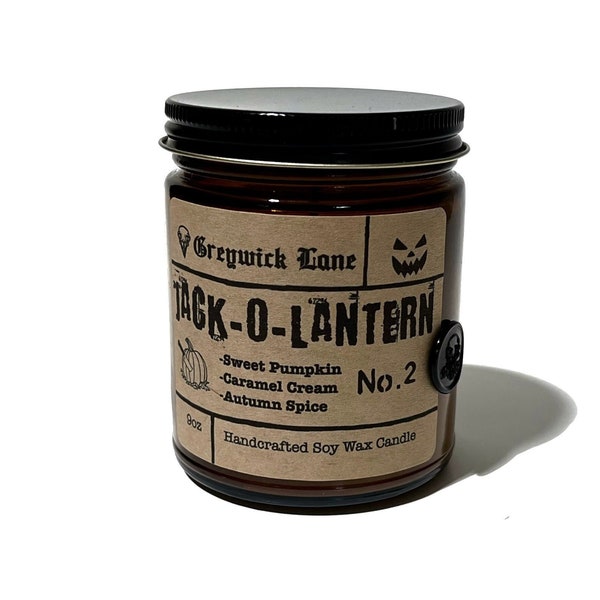 Jack o’ Lantern Candle | Caramel & Pumpkin Pie Spice | Spooky Vintage Fall Decor | Cozy Autumn Scent, 9oz Amber Jar