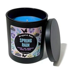 May include: A black candle with a blue wax interior and a matching lid. The label reads "Spring Rain" with scent notes. The candle is 10 oz and made of soy wax. Decorative elements include butterflies and flowers.