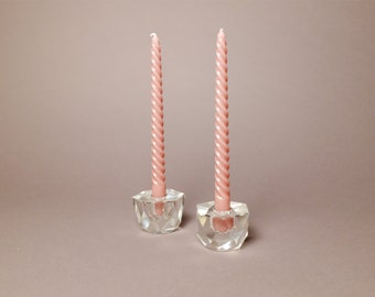 2 faceted solid vintage candle holders, crystal glass, transparent, Ref. 2346