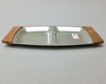 Schulte Ufer Modernist serving tray, 18/8 stainless steel, serving dish with 2 compartments and wooden handles, Ref. 2225