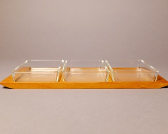 Vintage 1960s cabaret wooden tray with 3 glass snack bowls Ref. 213