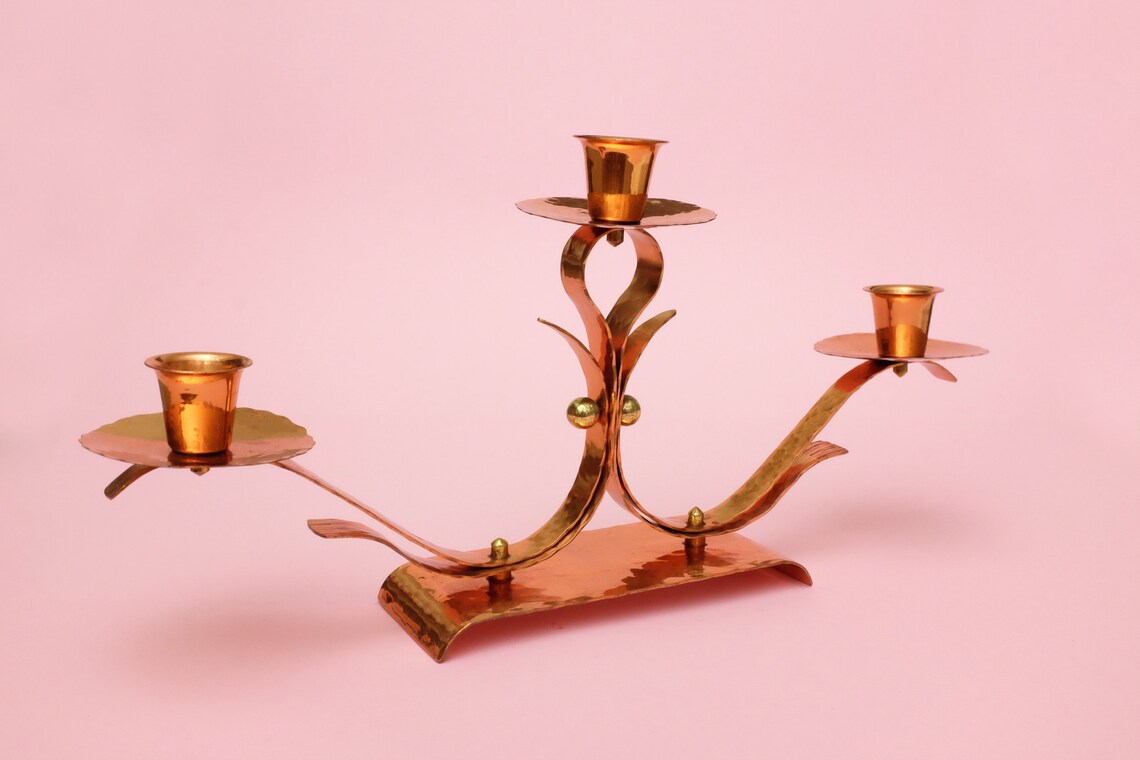Vintage Copper Candle Holder Hammerstroke Handmade Candelabra Etsy