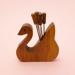 6 cocktail forks in a small wooden swan / punch pick / cheese plate / party forks swan Ref. 1926