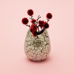 May include: A white ceramic vase with a crackled finish and the text "Jagba Keramik" in a brown oval. The vase is filled with a bouquet of red dried flowers.