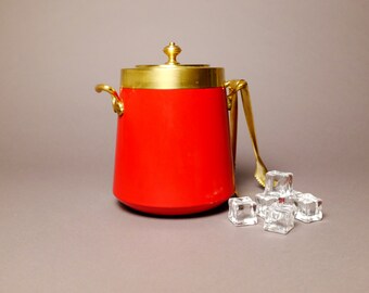 Vintage ice bucket Macabo Cusano Milanino Italy circa 1960s red brass with tongs Ref. 19224
