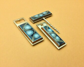 Vintage Bar Set: Bottle Opener, Can Opener, Corkscrew, Stainless Steel, Rosewood, Blue Enamel, Handmade, Ref. 2325