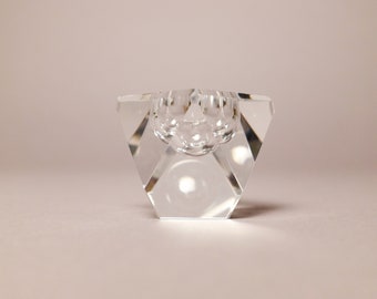 Vintage faceted solid glass candle holder, block glass, transparent, Ref. 2233