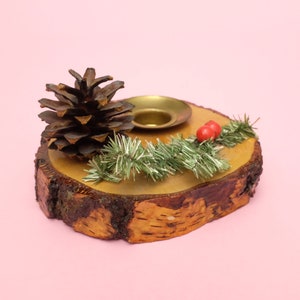 Vintage candle holder wooden tree disc with Christmas decoration Ref. 19207