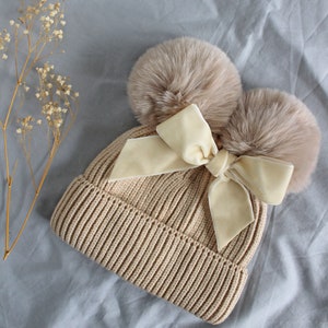 Gorro de invierno (1-3 años), gorro con doble pompón, gorro con doble pompón para bebé, gorros premium, gorro cálido de invierno, gorro para niño pequeño, gorro con lazo para bebé