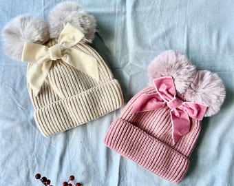 Toddler Double Pom Beanie: Acrylic Knit Baby Hat with Bow (1-3y)