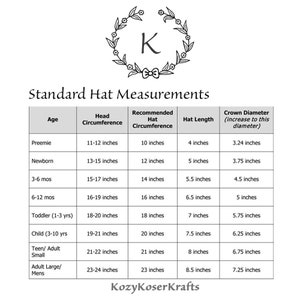 May include: A chart showing standard hat measurements for different ages, with columns for age, head circumference in inches, recommended hat circumference in inches, hat length in inches, and crown diameter in inches.