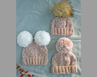 0+m to adult, Hand Knit Hat, Heart Knit Hat, Kids Knit Hat with Fur Pom, Double Pom Hat, Preemie Knit Hat, Toddler Knit Hat, Adult Knit Hat