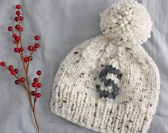 Hand Knit Initial Hat, Personalized Hat, Design Your Own Hat, Jumbo Pom Pom, Initial Knit Hat, Monogram Hat, Chunky Knit Hat, Baby, Adult