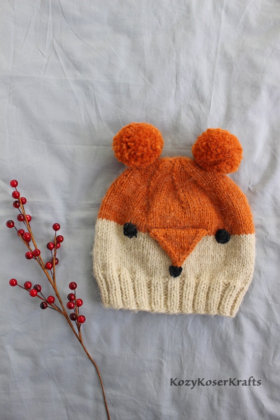 Fox Beanie, Kids Fox Hat, Hand Knit Beanie, Double Pom Beanie, Baby Fox Hat, Adult Fox Beanie, Woodland Hat, Animal Hat, Wild Things, Wool