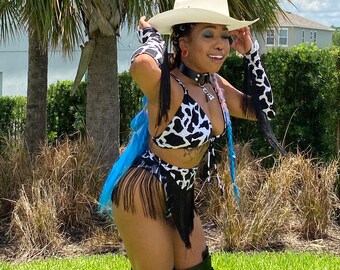 Cow Print Rhinestone Festival Rave Clothing Outfit For Women- High Waist Fringe Shorts Arm Covers Tie Top Bra